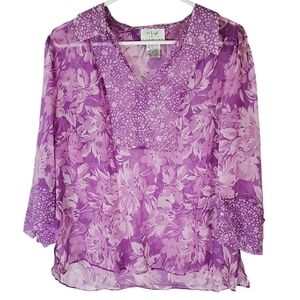 🟢2192 * Vision Apparrel Sheer Silk Blouse Tunic Purple Size XL